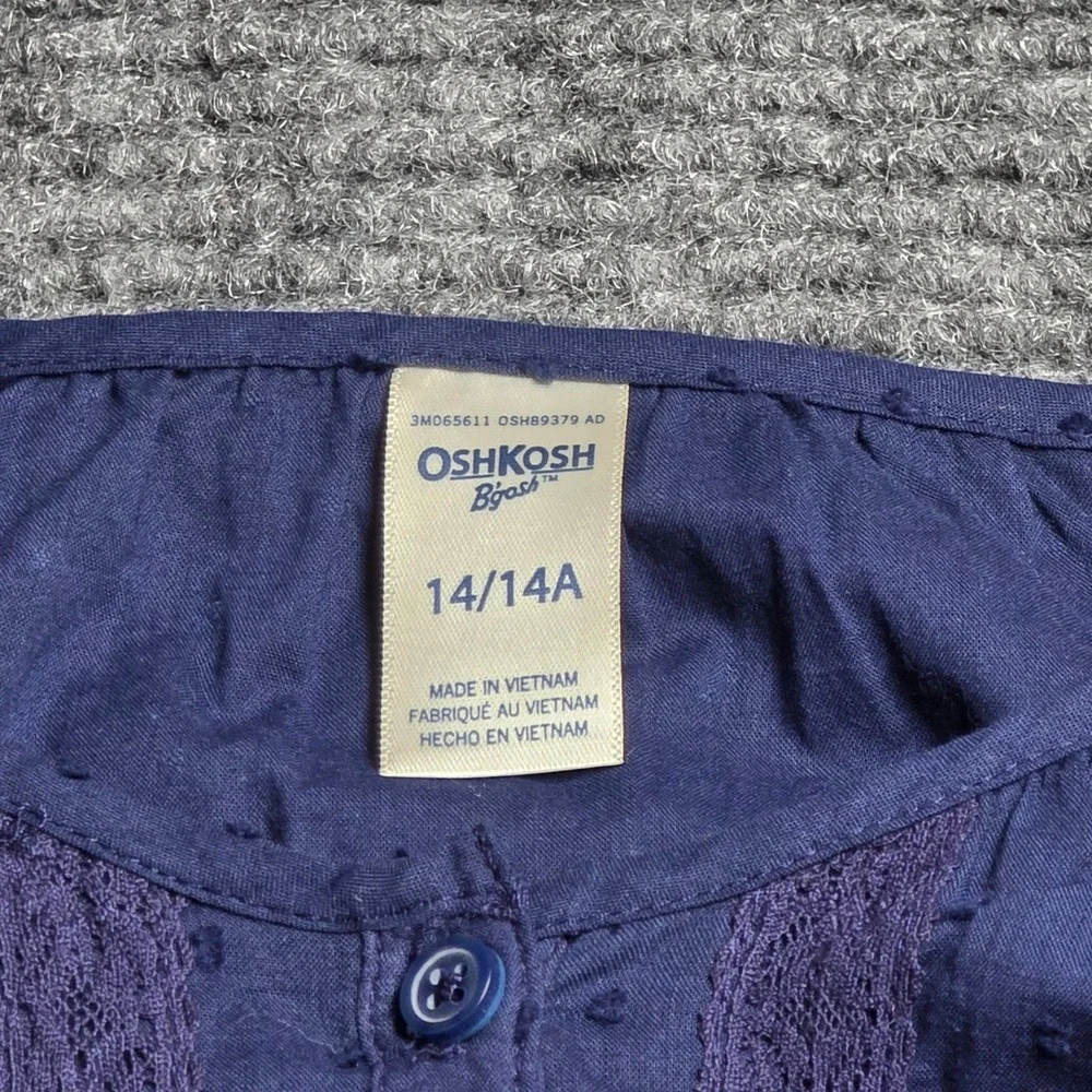 OshKosh Bgosh Lace Trim Tie Front Blouse Girl's Size 14 14A Navy Blue Swiss‎ Dot